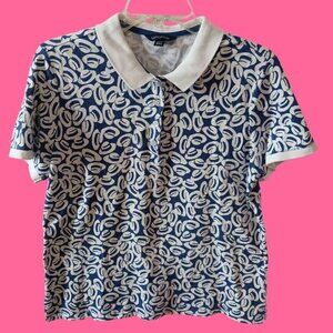 Lands End Womens Collared Casual Polo Shirt Blue/White Hats Print Size PMedium